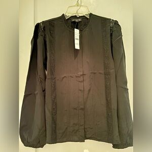 NWT J.Crew Lace-trim pintuck top in crepe de chine, Black, size 0.